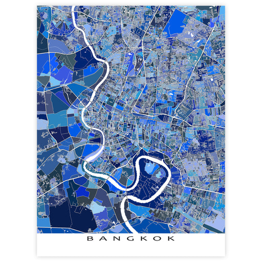 Map of Bangkok with a river running through it, featuring various shades of blue.