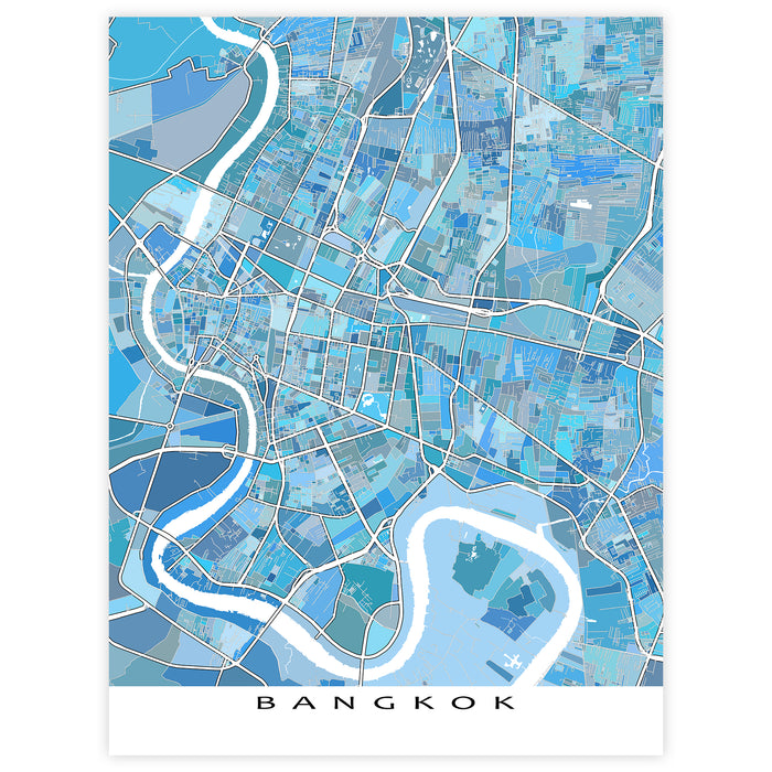 Map of Bangkok with a river and grid layout, featuring various shades of blue.
