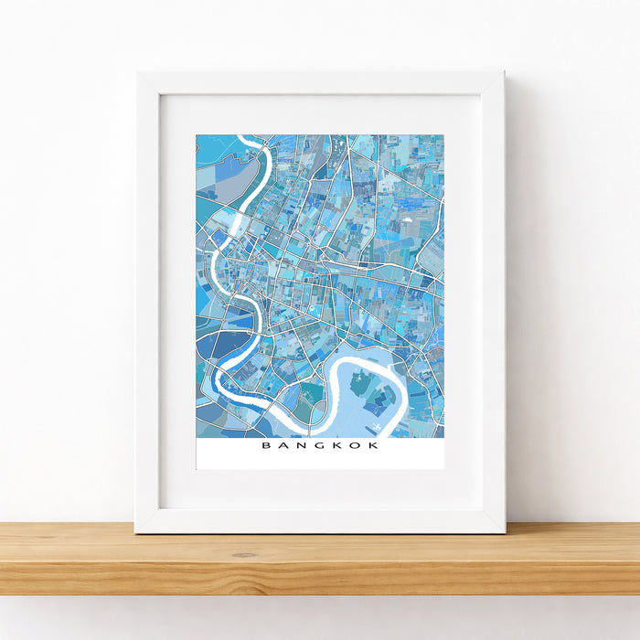 Framed map of Bangkok with a blue color scheme on a white background