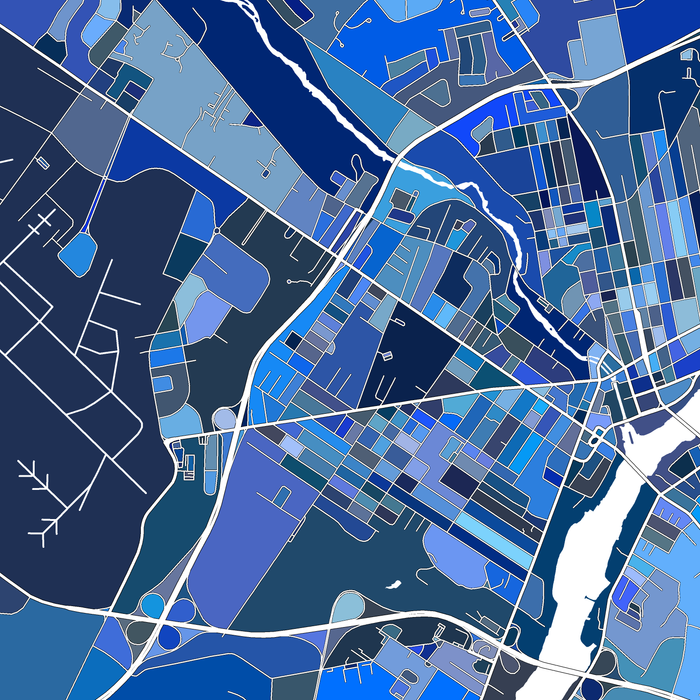 Colorful map of a city with various shades of blue