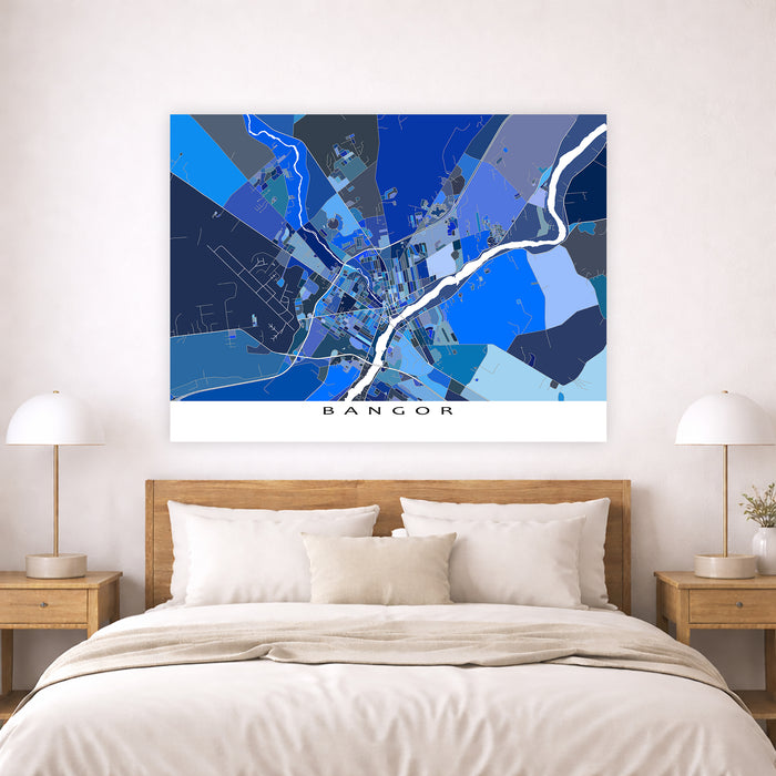 Map of Bangor on a wall above a bed in a bedroom setting