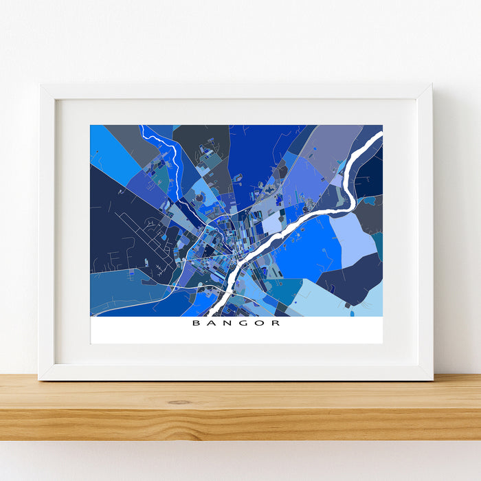 Framed map of Bangor on a white wall