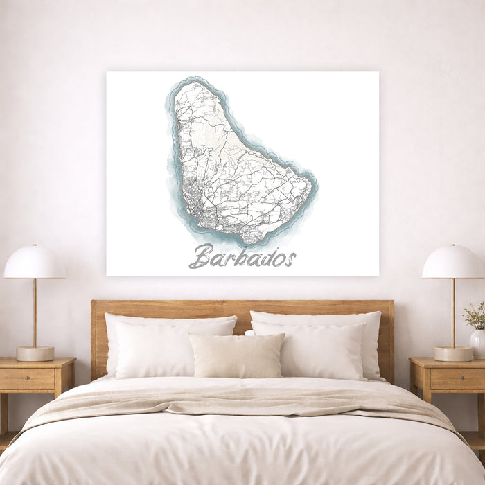 Map of Barbados on a wall above a bed in a bedroom
