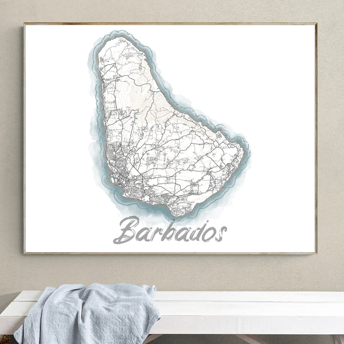 Framed map of Barbados on a wall above a white bench with a light blue towel.