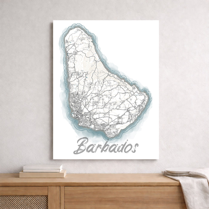 Map of Barbados on a wall above a wooden shelf