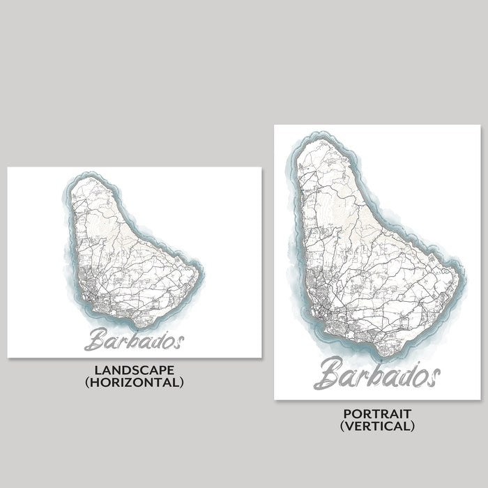 Two maps of Barbados, one landscape and one portrait, on a gray background.