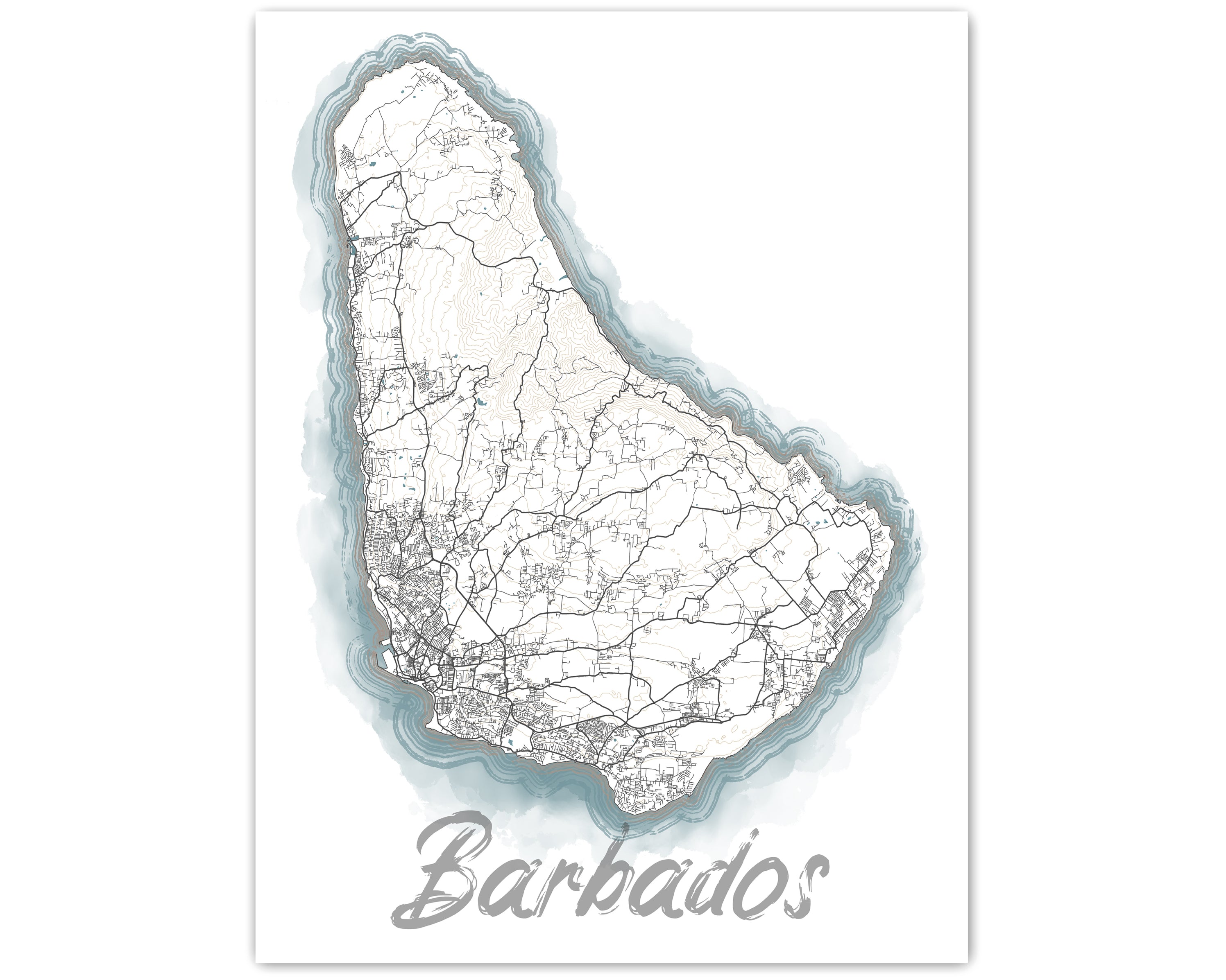 Barbados Island Map Wall Art Print Poster, Blue Watercolor Design Coas ...