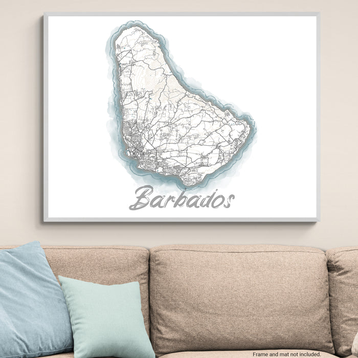 Framed map of Barbados on a wall above a sofa
