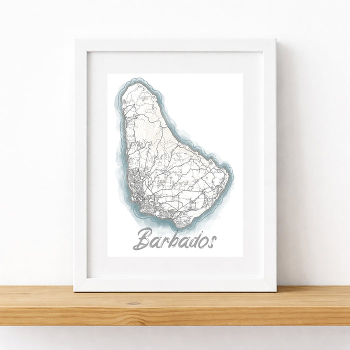 Framed map of Barbados on a white background