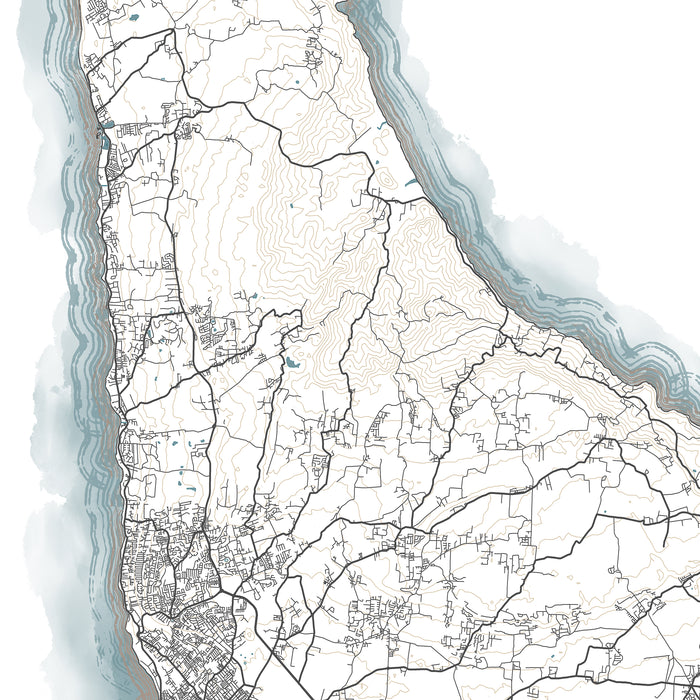 Map of a coastal area with roads and boundaries