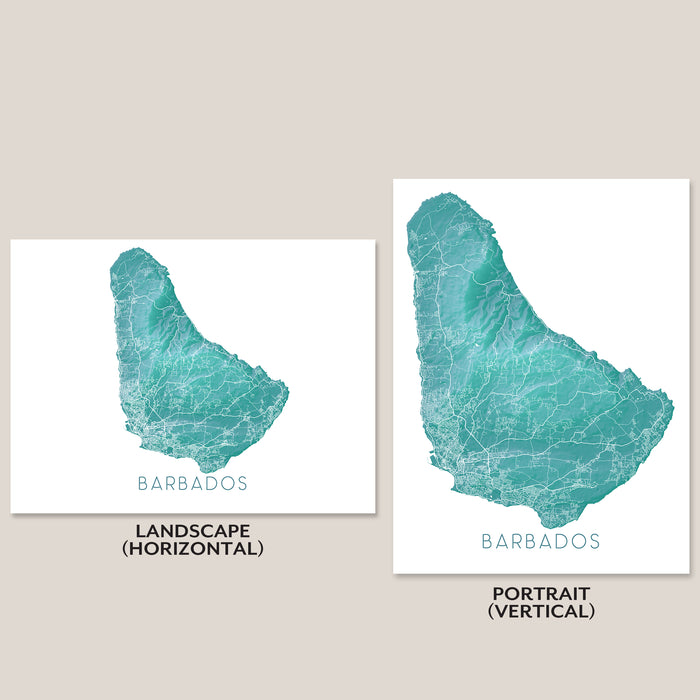 Two maps of Barbados, one in landscape and one in portrait orientation, on a beige background.