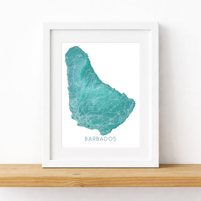 Framed map of Barbados on a white wall