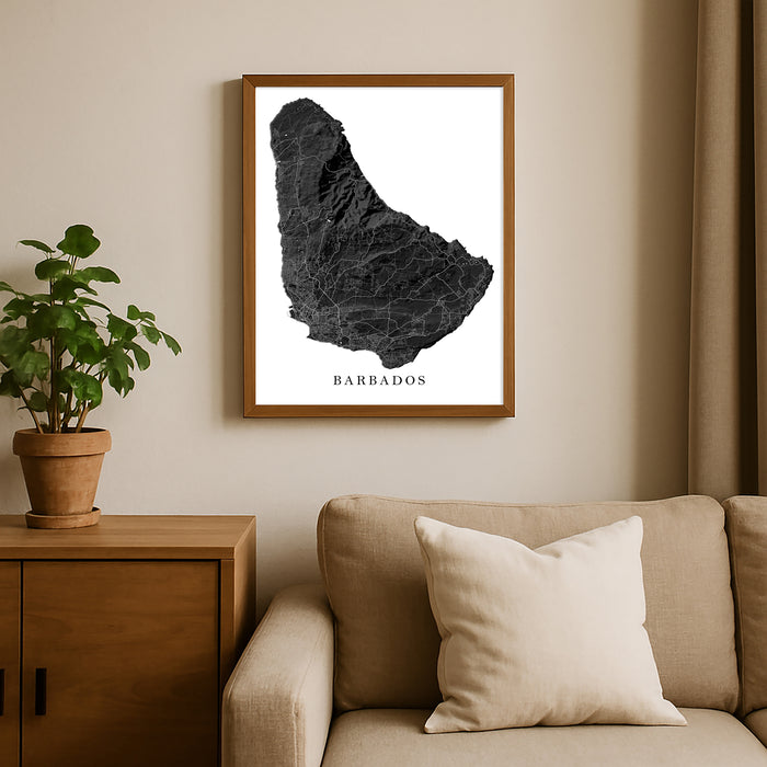 Framed map of Barbados on a wall above a sofa with a plant beside it.