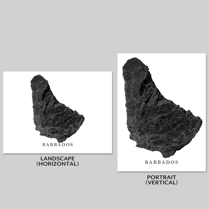 Two black and white maps of Barbados, one landscape and one portrait, on a gray background.