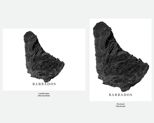 Barbados island map print with a black and white topographic landscape design by Maps As Art.