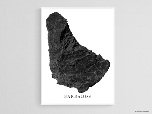 Barbados island map print with a black and white topographic landscape design by Maps As Art.