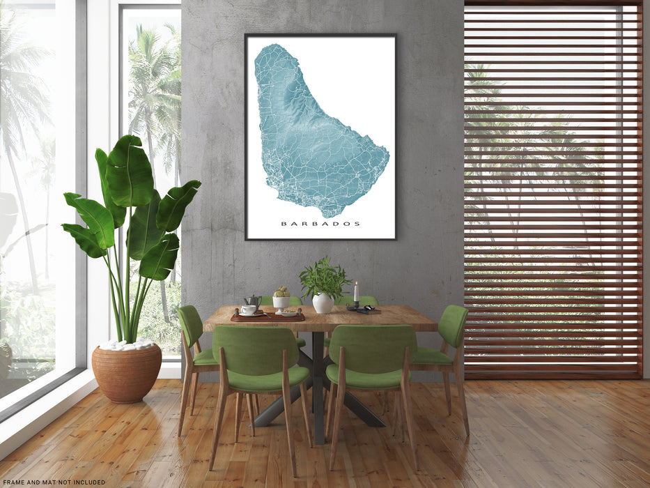 Barbados map print with natural island landscape and main roads designed by Maps As Art.