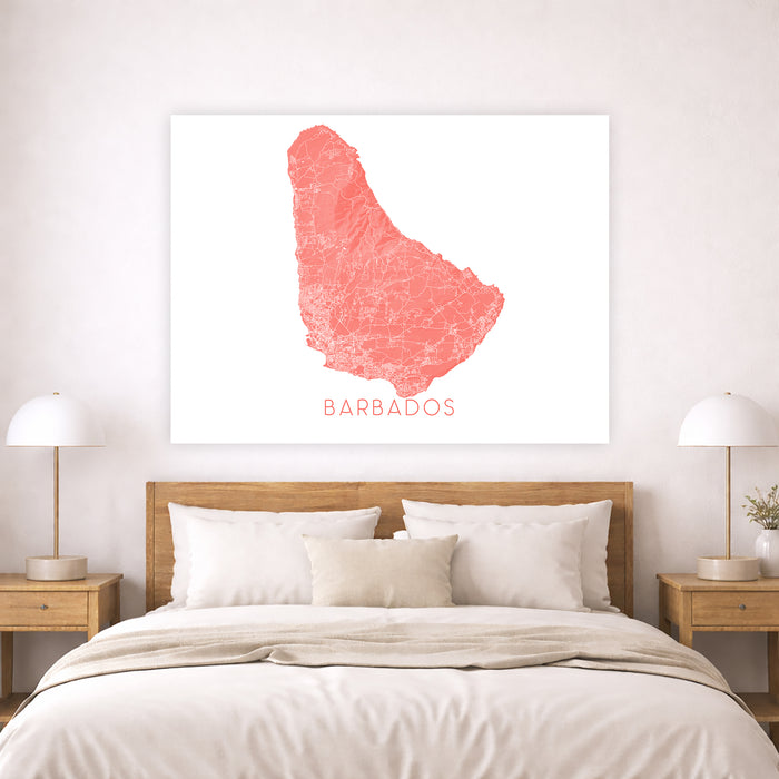 Map of Barbados on a wall above a bed in a bedroom setting