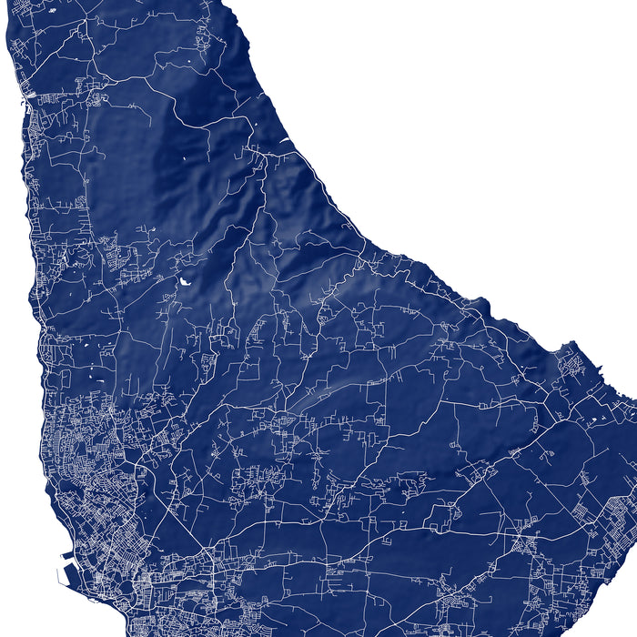 Map of Barbados island in blue with roads.