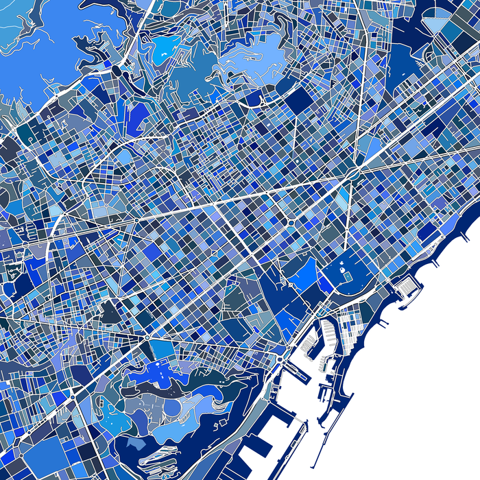 Map of a city with a grid layout in various shades of blue.