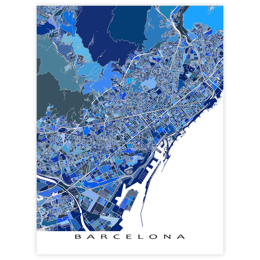Map of Barcelona with blue and white color scheme