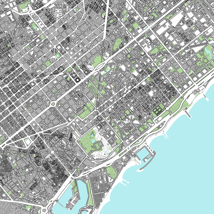 Map of a city layout with roads and green spaces