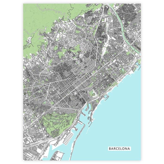 Map of Barcelona with green and blue color scheme