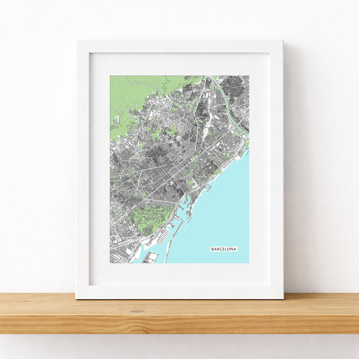 Framed map print of Barcelona on a white wall