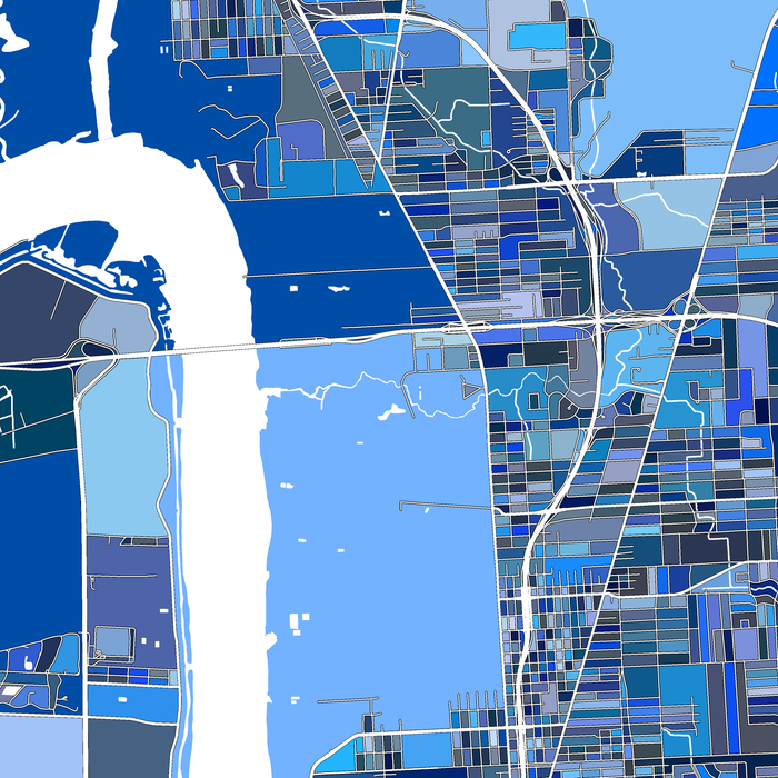Map of a city with blue and white colors