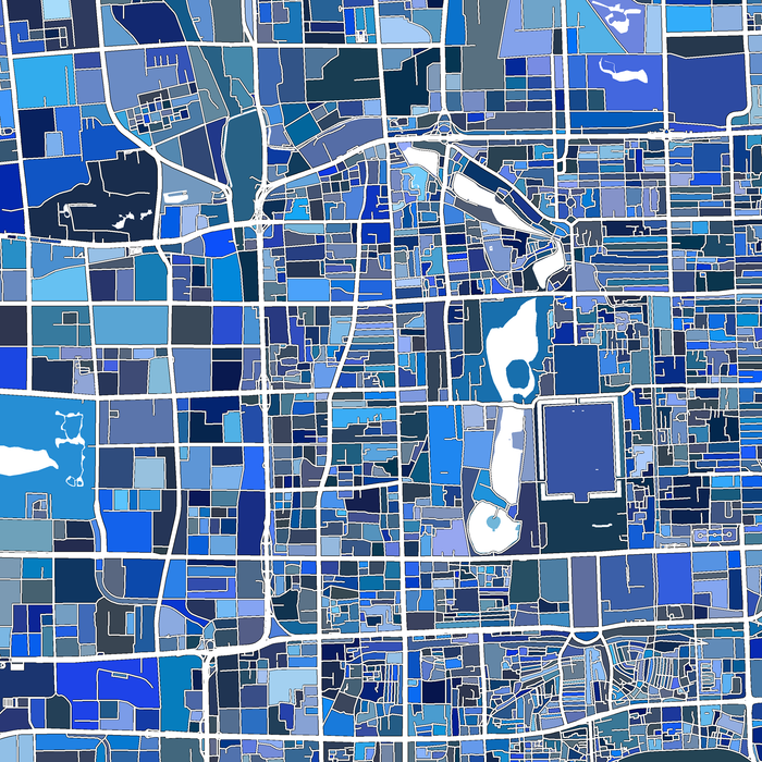 Map of a city with a grid pattern and various shades of blue