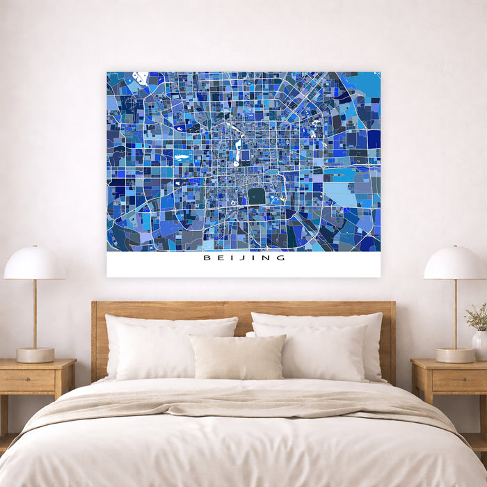 Bedroom with a map of Beijing on the wall