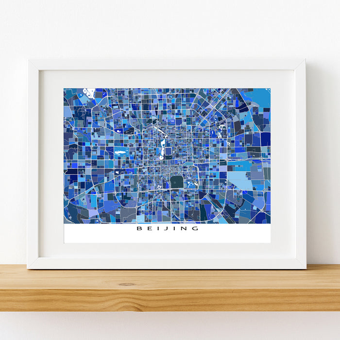 Framed map of Beijing with a blue mosaic design on a white background