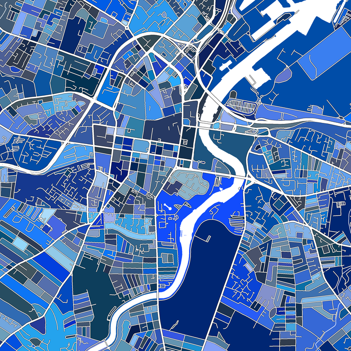 Map of a city with blue color coding
