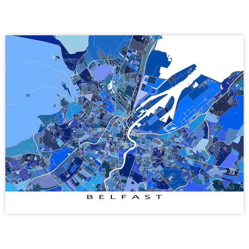 Map of Belfast in blue tones on a white background