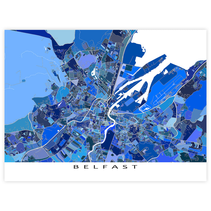 Map of Belfast in blue tones on a white background