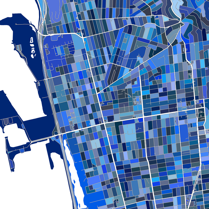 Map of a city with a grid pattern in various shades of blue.