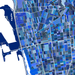 Map of a city with a grid pattern in various shades of blue.