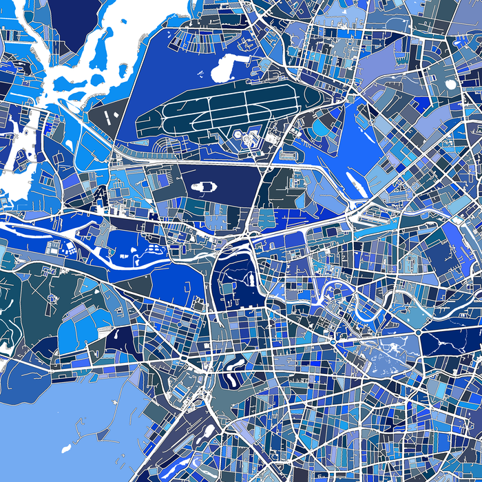 Colorful map of a city with various shades of blue