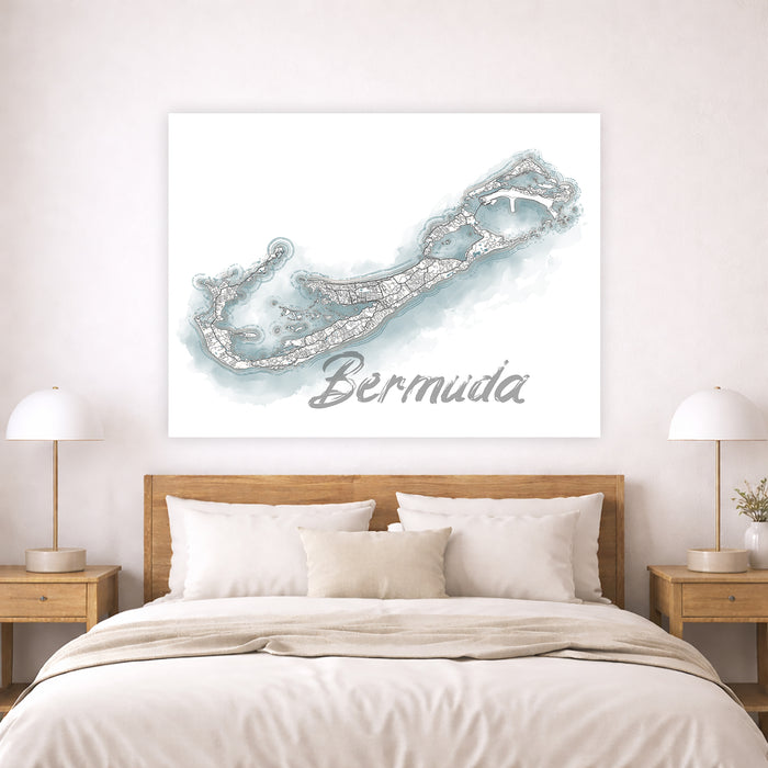 Map of Bermuda on a wall above a bed in a bedroom setting