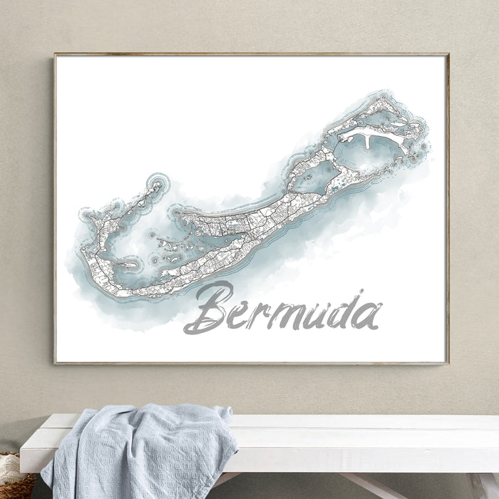 Framed map of Bermuda on a wall above a white bench.