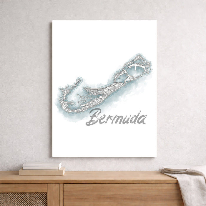 Map of Bermuda on a white wall above a wooden shelf.