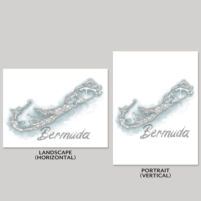 Two designs labeled 'Bermuda' in landscape and portrait orientations on a gray background.