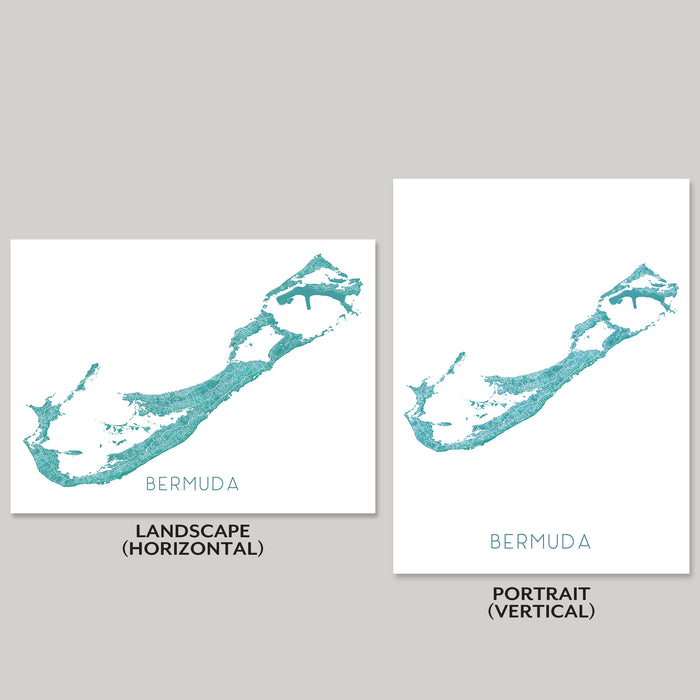 Two maps of Bermuda, one in landscape and one in portrait orientation, on a gray background.