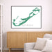 Framed map of Bermuda on a wall above a wooden cabinet and sofa.
