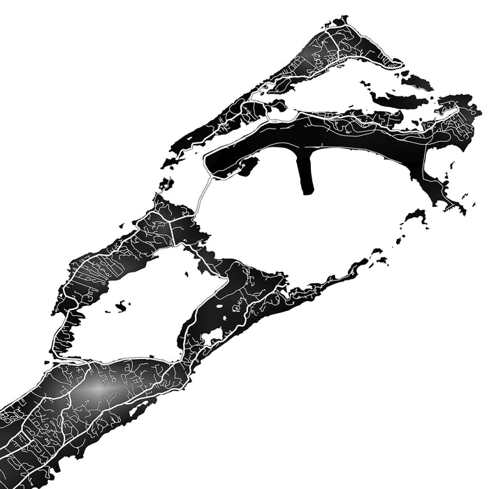 Black and white map of a coastal area with intricate waterways