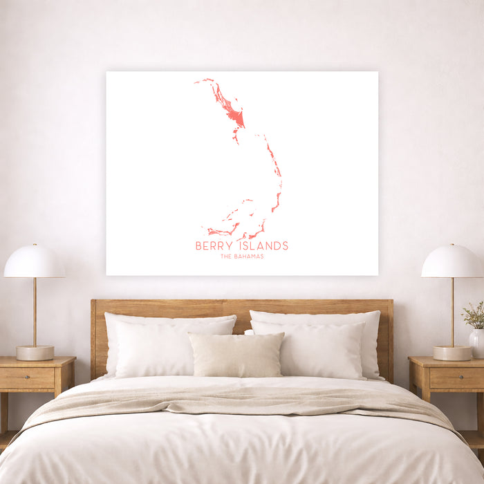 Bedroom with wooden headboard, white bedding, and a map of the 'Berry Islands' on the wall.