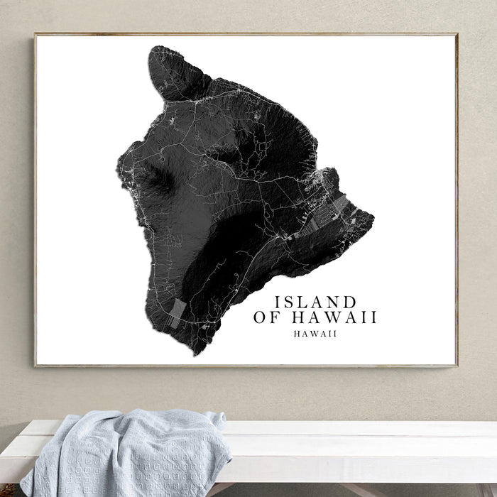 Framed map of the Island of Hawaii on a wall.