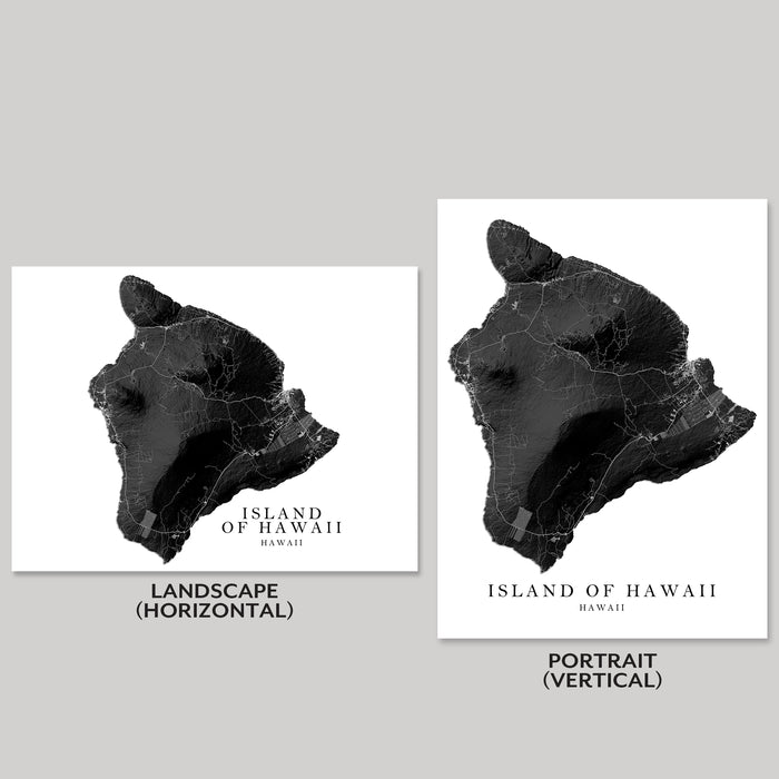 Two black and white maps of the Island of Hawaii, one landscape and one portrait, on a gray background.