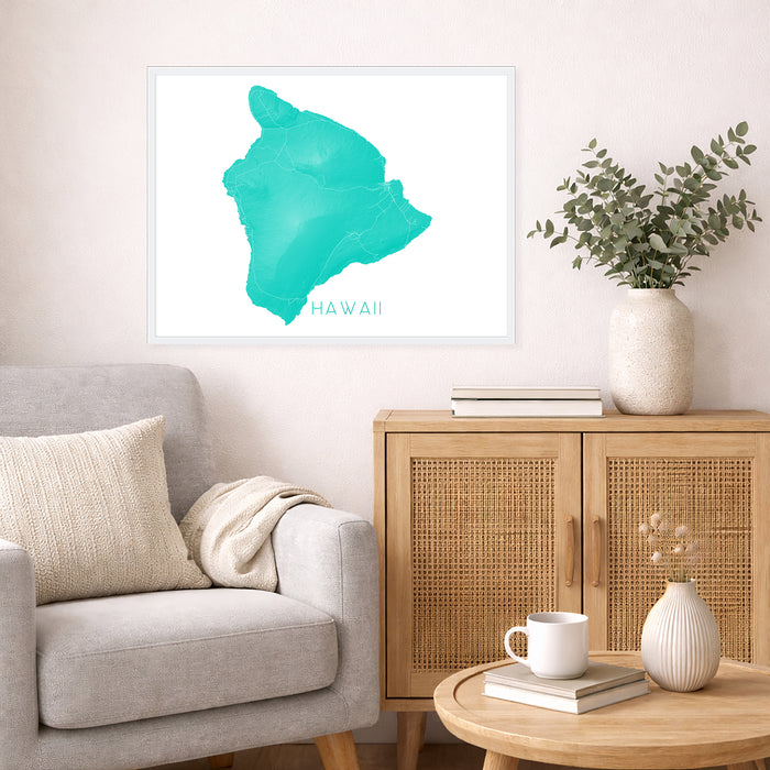 Living room with a gray sofa, wooden cabinet, and a map of Hawaii on the wall.