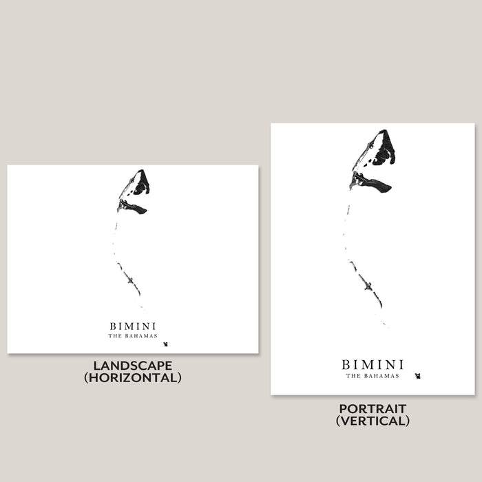 Two art print mockups on a light gray background showing the same minimalist black map design of Bimini, The Bahamas, in landscape and portrait orientations with text labels underneath.